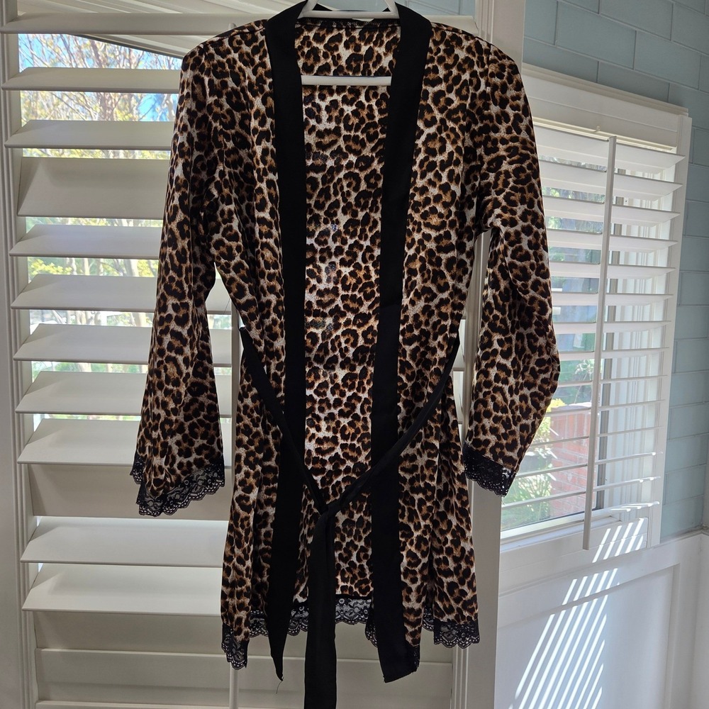 Unbranded Leopard Print Lace Trim Short Robe Kimono Tie Waist Brown Black Small